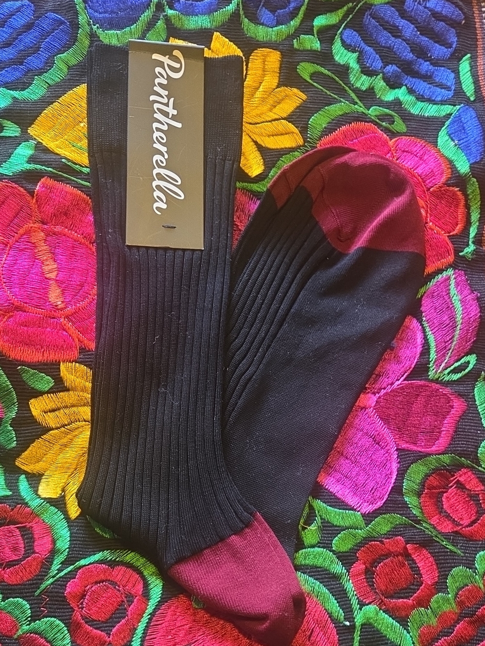 Pantherella Black Ribbed Socks with Burgundy Toe and Heel Accents